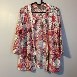 Chico’s Easywear Open Knit Crochet Pink White Floral Cardigan size 1 (M/8)